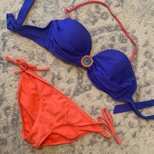 Royal blue bikini with coral pink medallion